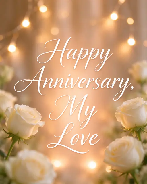 Soft bokeh fairy lights and white roses frame centered text that reads "Happy Anniversary, My Love"