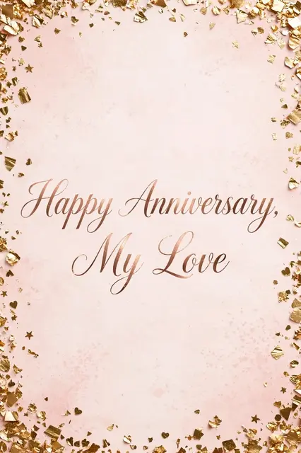 Rose gold script reading "Happy Anniversary, My Love" is centered on a soft blush background framed by gold foil confetti.