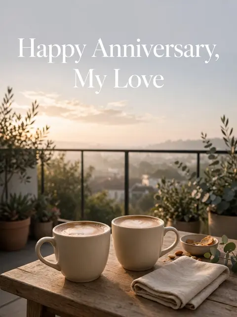 Two lattes sit on a balcony table at sunrise, with "Happy Anniversary, My Love" text in the pale sky.