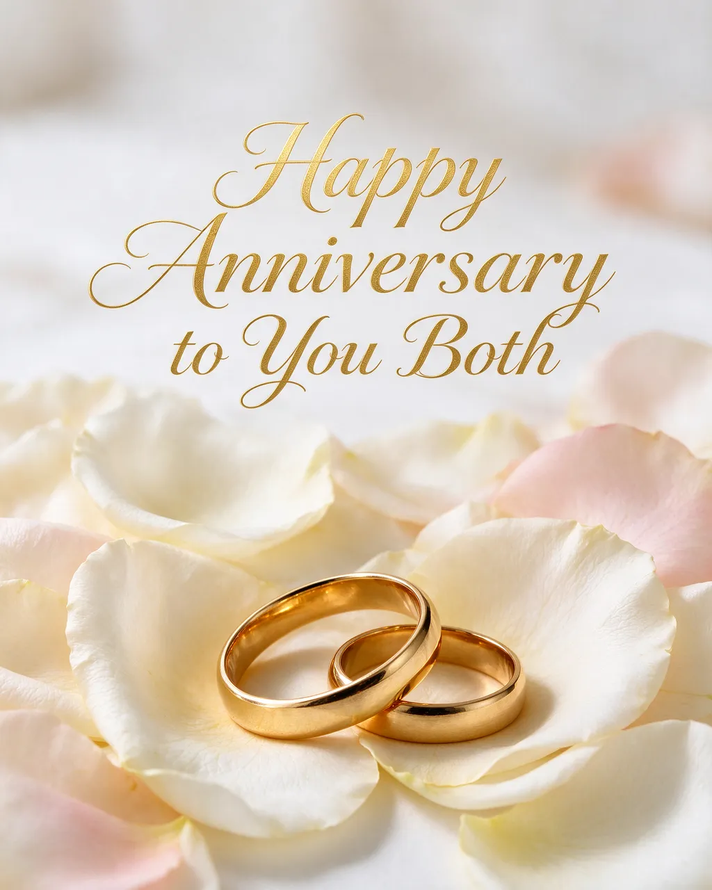 Gold wedding bands resting on white and pale pink rose petals with gold script reading "Happy Anniversary to You Both"