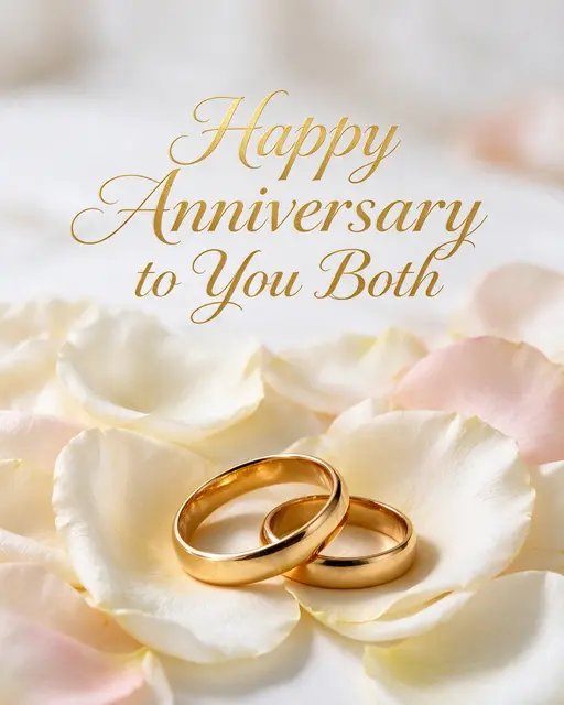 Gold wedding bands resting on white and pale pink rose petals with gold script reading "Happy Anniversary to You Both"