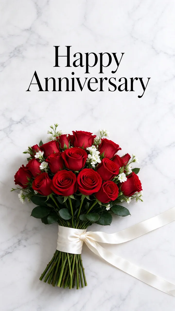 "Happy Anniversary" black serif text above a red rose bouquet tied with satin ribbon on white marble