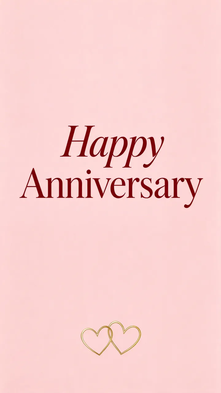 "Happy Anniversary" in deep burgundy serif type sits above interlocking gold line hearts on a soft blush pink background.
