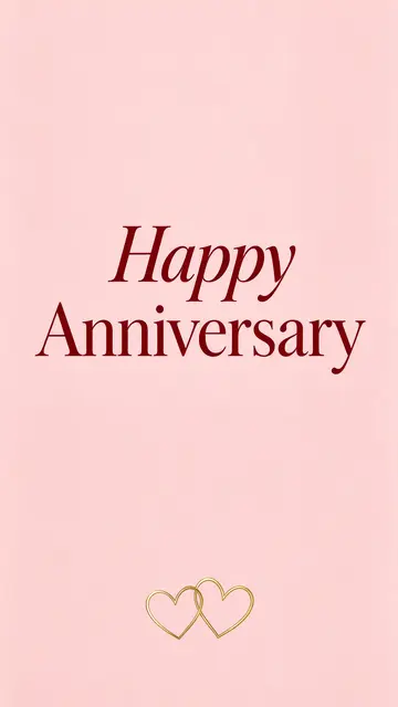 "Happy Anniversary" in deep burgundy serif type sits above interlocking gold line hearts on a soft blush pink background.
