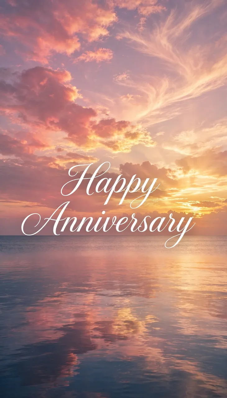 Pink and gold sunset over a calm sea with elegant white script reading "Happy Anniversary"