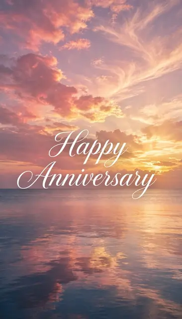 Pink and gold sunset over a calm sea with elegant white script reading "Happy Anniversary"