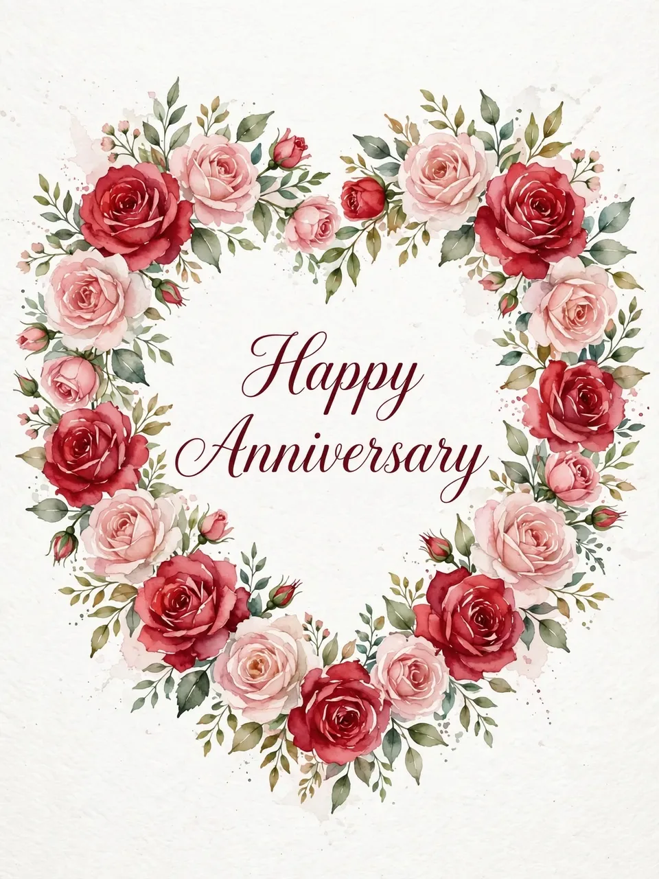 A watercolor heart wreath of red and blush roses frames burgundy script text that reads "Happy Anniversary" on textured