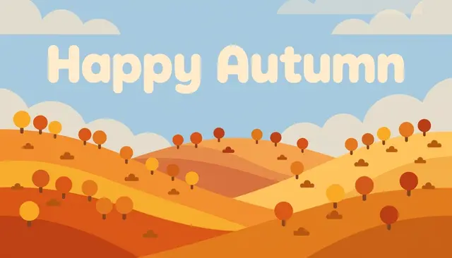 Flat vector illustration of rolling autumn hills with round trees, displaying bold cream text "Happy Autumn" in a light blue