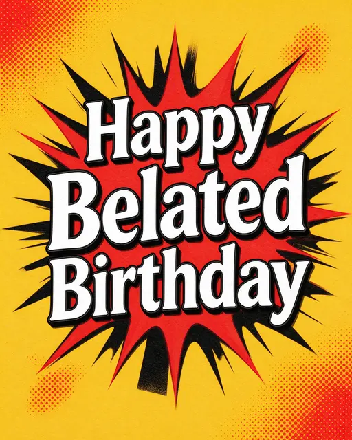 Bold "Happy Belated Birthday" text sits inside a red comic burst on a yellow halftone background