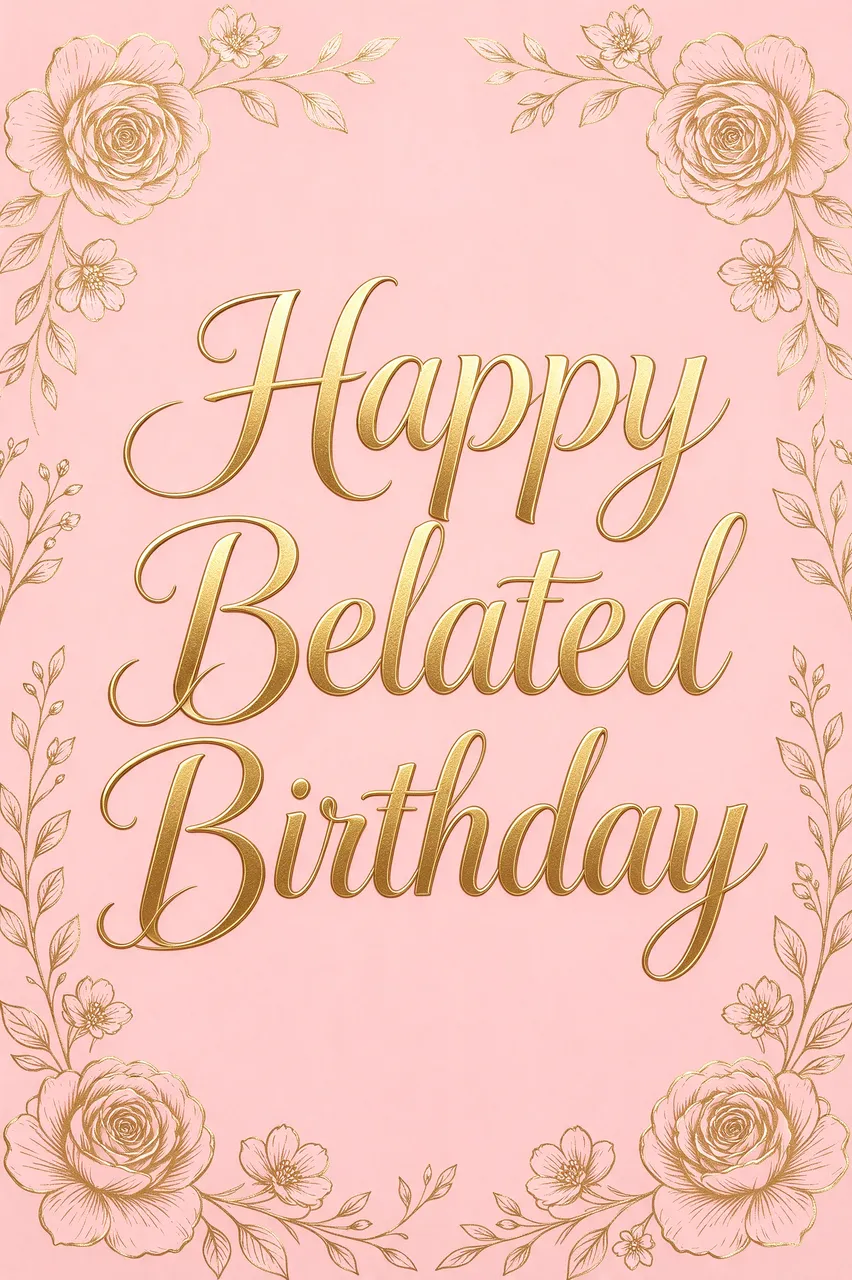 "Happy Belated Birthday" in gold script lettering centered inside a gold line-drawn flower border on a blush pink background