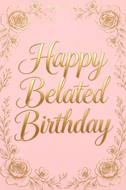 "Happy Belated Birthday" in gold script lettering centered inside a gold line-drawn flower border on a blush pink background