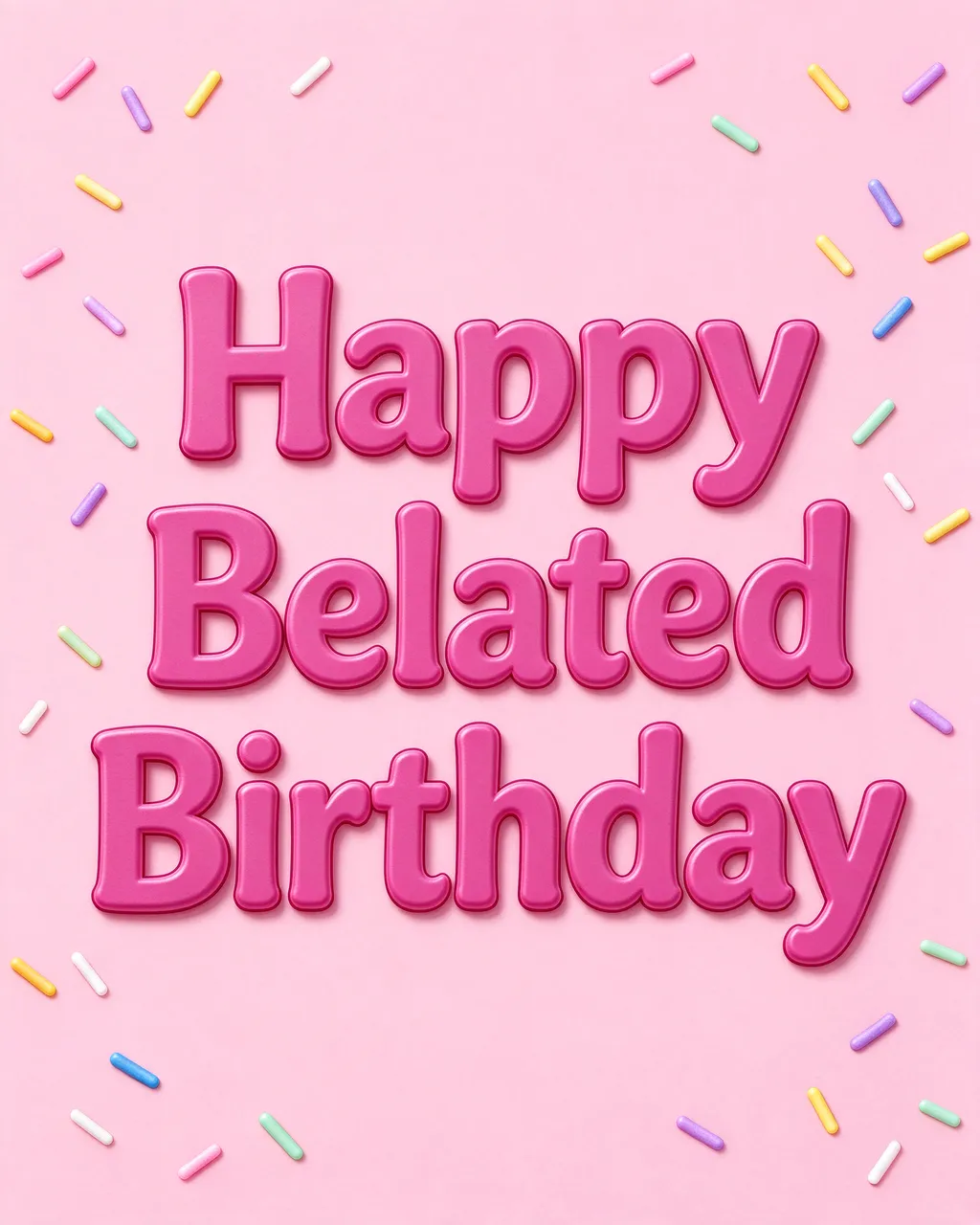 "Happy Belated Birthday" in chunky magenta 3D type with rainbow sprinkles on a pastel pink background