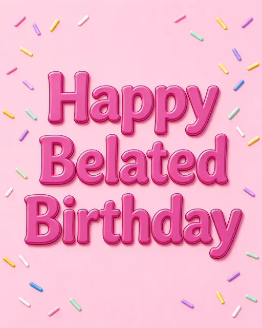 "Happy Belated Birthday" in chunky magenta 3D type with rainbow sprinkles on a pastel pink background