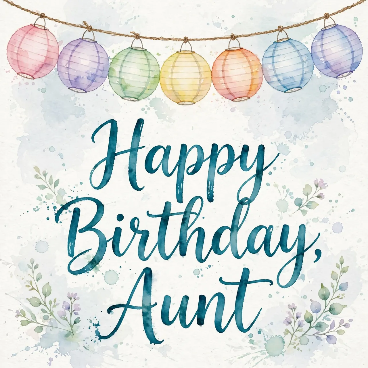 Watercolor design with a garland of pastel paper lanterns above teal script that reads "Happy Birthday, Aunt"