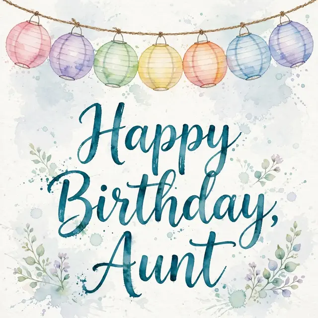 Watercolor design with a garland of pastel paper lanterns above teal script that reads "Happy Birthday, Aunt"