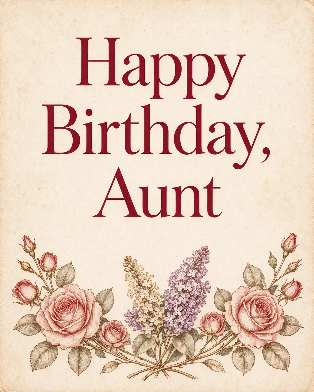 "Happy Birthday, Aunt" in burgundy serif type above a vintage rose and lilac border on aged cream paper