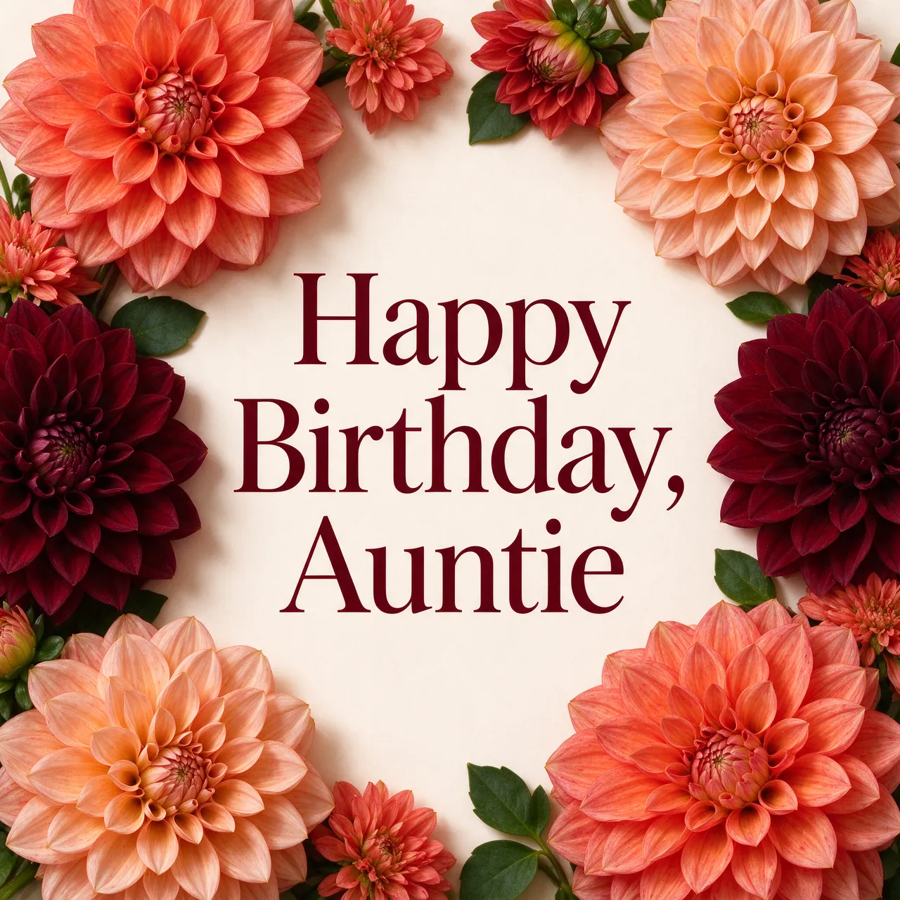 Overhead view of coral, peach, and burgundy dahlias framing the clear center text "Happy Birthday, Auntie" on a cream