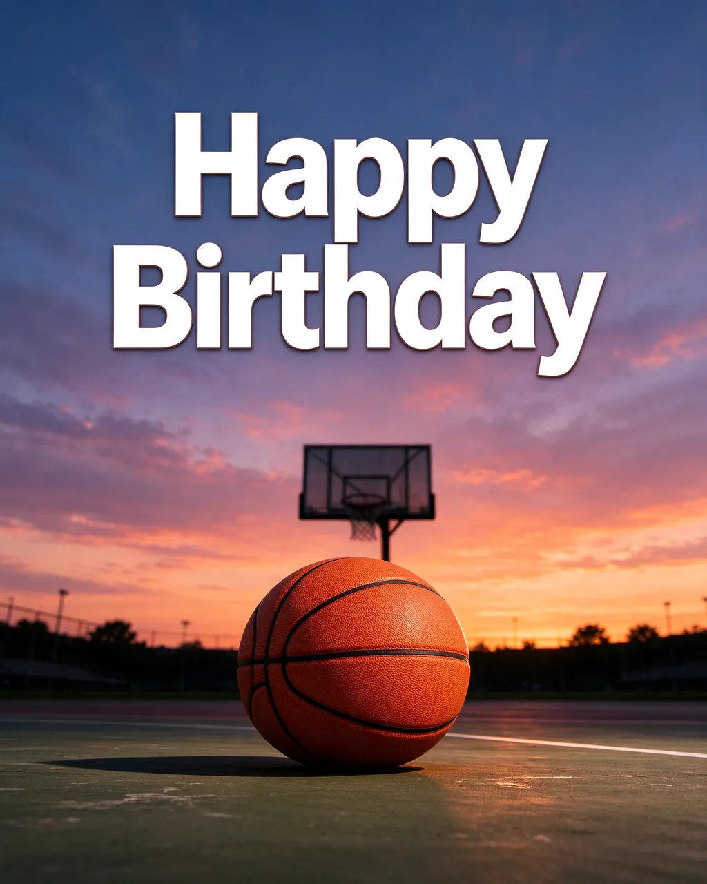 "Happy Birthday" in bold white text above an orange basketball on an outdoor court at sunset