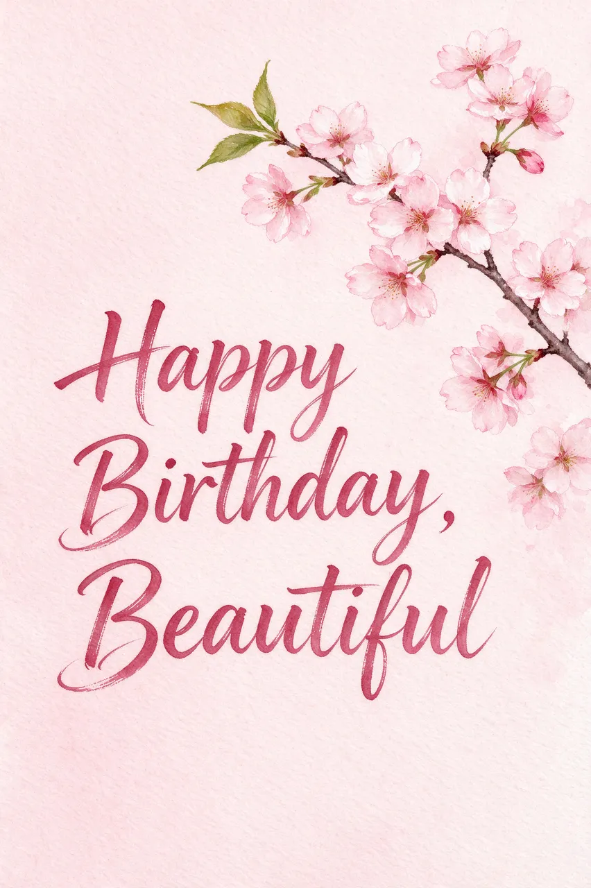 "Happy Birthday, Beautiful" dark rose brush lettering with a watercolor cherry blossom branch on pale pink paper.