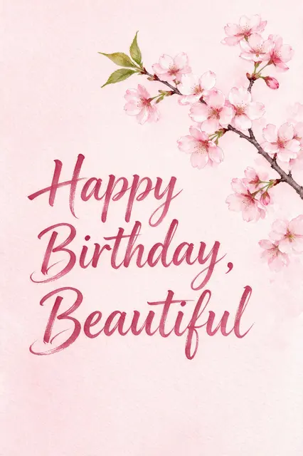 "Happy Birthday, Beautiful" dark rose brush lettering with a watercolor cherry blossom branch on pale pink paper.