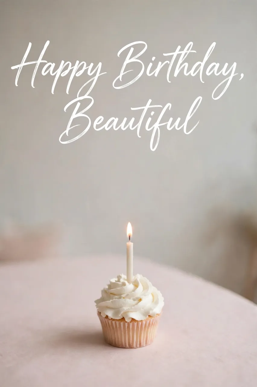 "Happy Birthday, Beautiful" white script lettering above a single frosted cupcake with a lit candle on a pale pink table