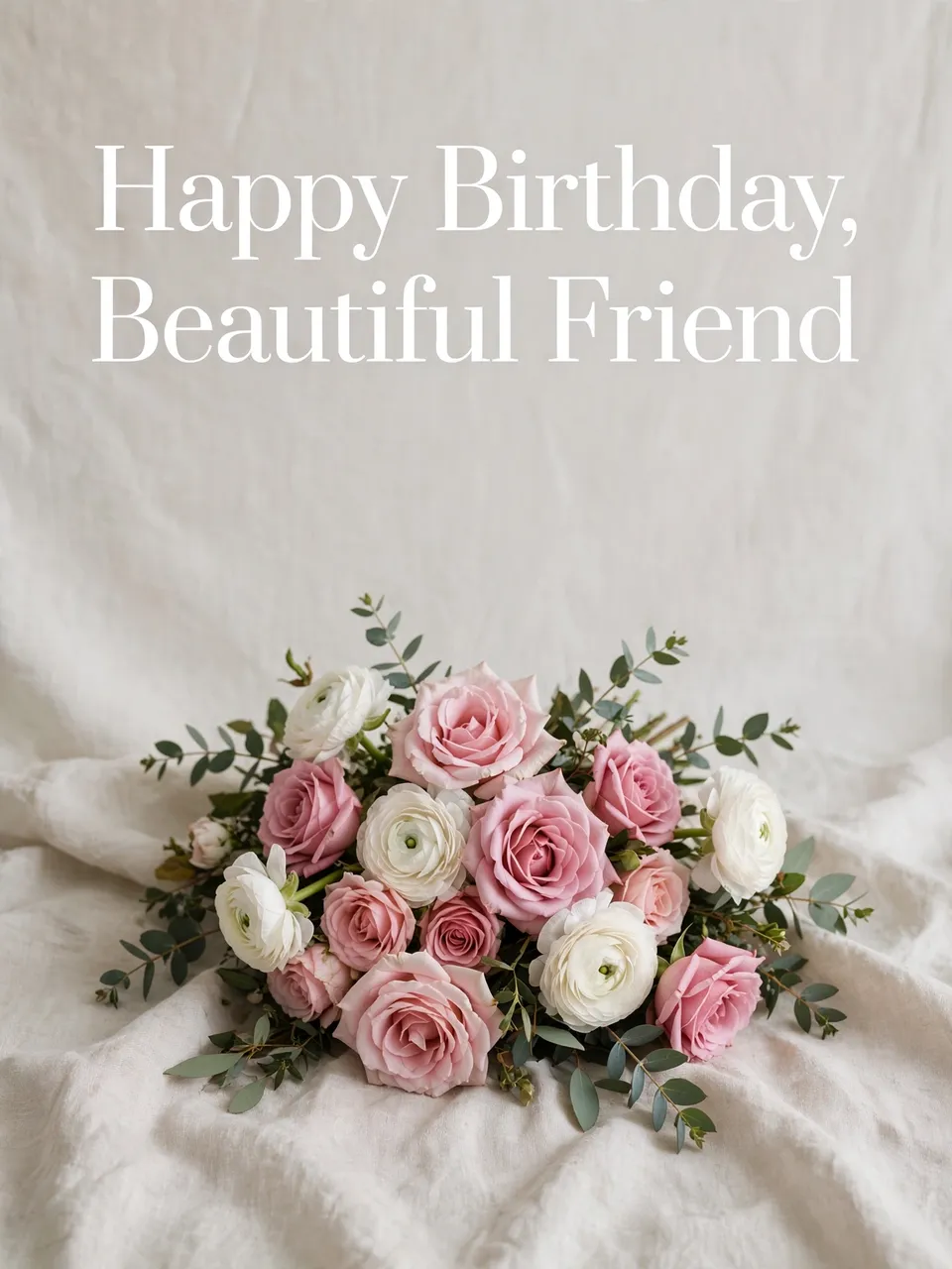 "Happy Birthday, Beautiful Friend" text sits above a bouquet of pink roses and white ranunculus on soft pale linen.