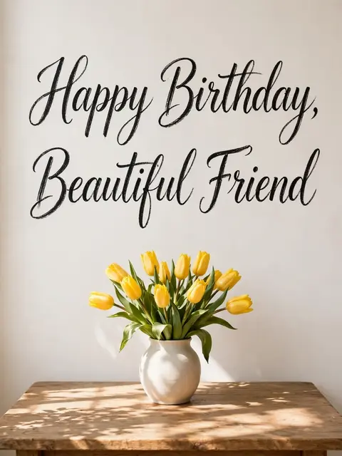 Chalk script text "Happy Birthday, Beautiful Friend" above a white vase of yellow tulips on a sunlit wooden table against a