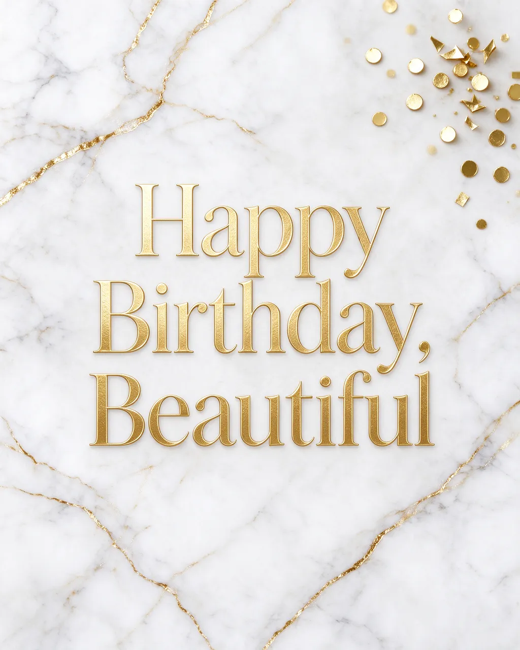 "Happy Birthday, Beautiful" in elegant gold serif type centered on white marble with gold veins and top-right gold confetti