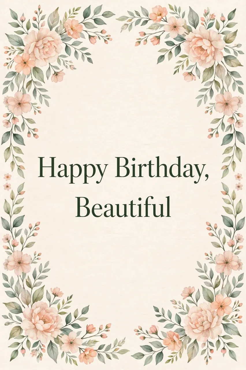 "Happy Birthday, Beautiful" in dark green text centered within a peach and sage floral border on a cream background