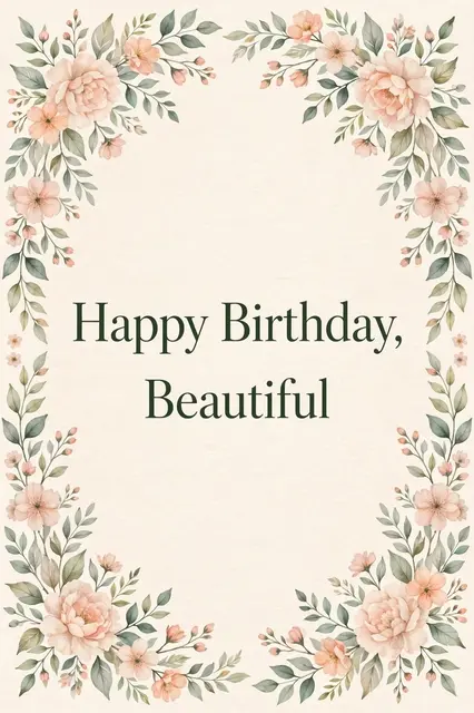 "Happy Birthday, Beautiful" in dark green text centered within a peach and sage floral border on a cream background