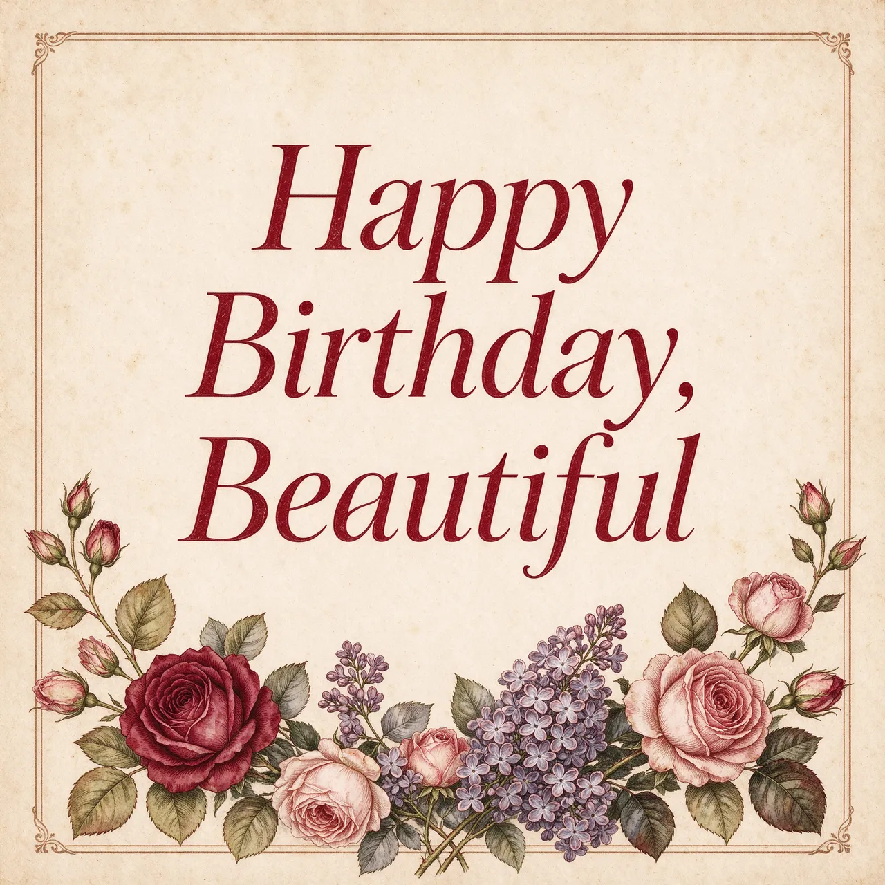 "Happy Birthday, Beautiful" in burgundy serif type above a vintage rose and lilac border on aged cream paper
