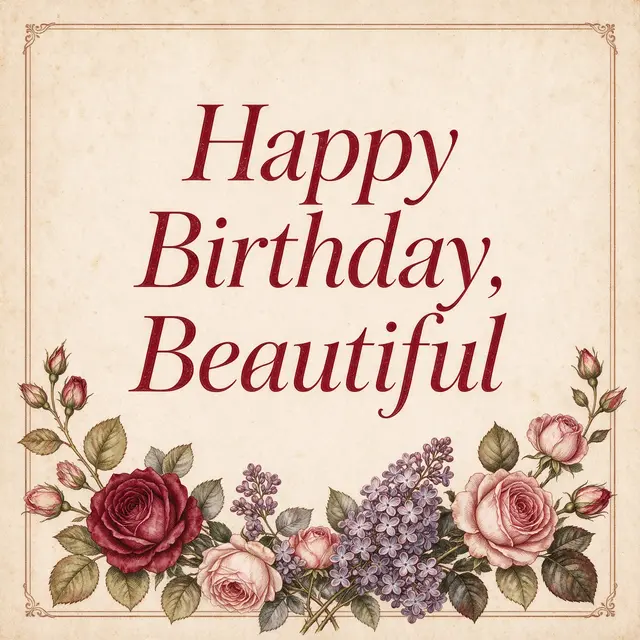 "Happy Birthday, Beautiful" in burgundy serif type above a vintage rose and lilac border on aged cream paper
