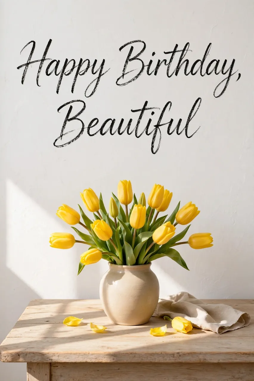 "Happy Birthday, Beautiful" charcoal lettering above a sunlit vase of yellow tulips on a wooden table
