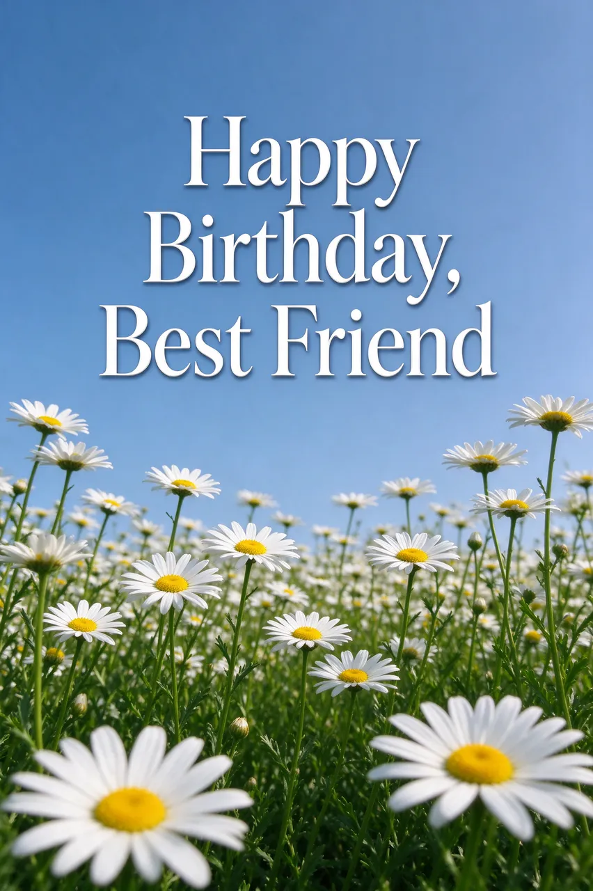 The text "Happy Birthday, Best Friend" appears over a sunlit field of white daisies under a soft blue sky.