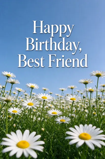 The text "Happy Birthday, Best Friend" appears over a sunlit field of white daisies under a soft blue sky.