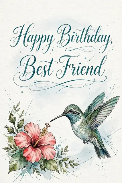 "Happy Birthday, Best Friend" teal script text above a watercolor hummingbird and pink hibiscus illustration