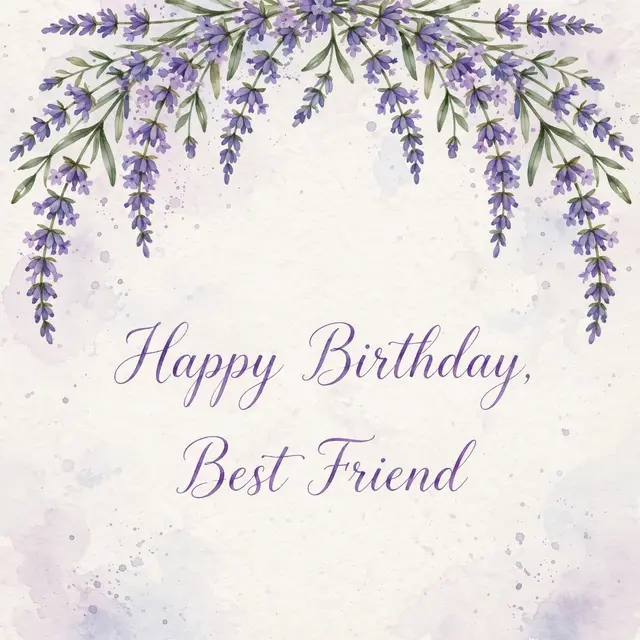 Watercolor illustration with arching lavender sprigs framing the text "Happy Birthday, Best Friend" in purple script