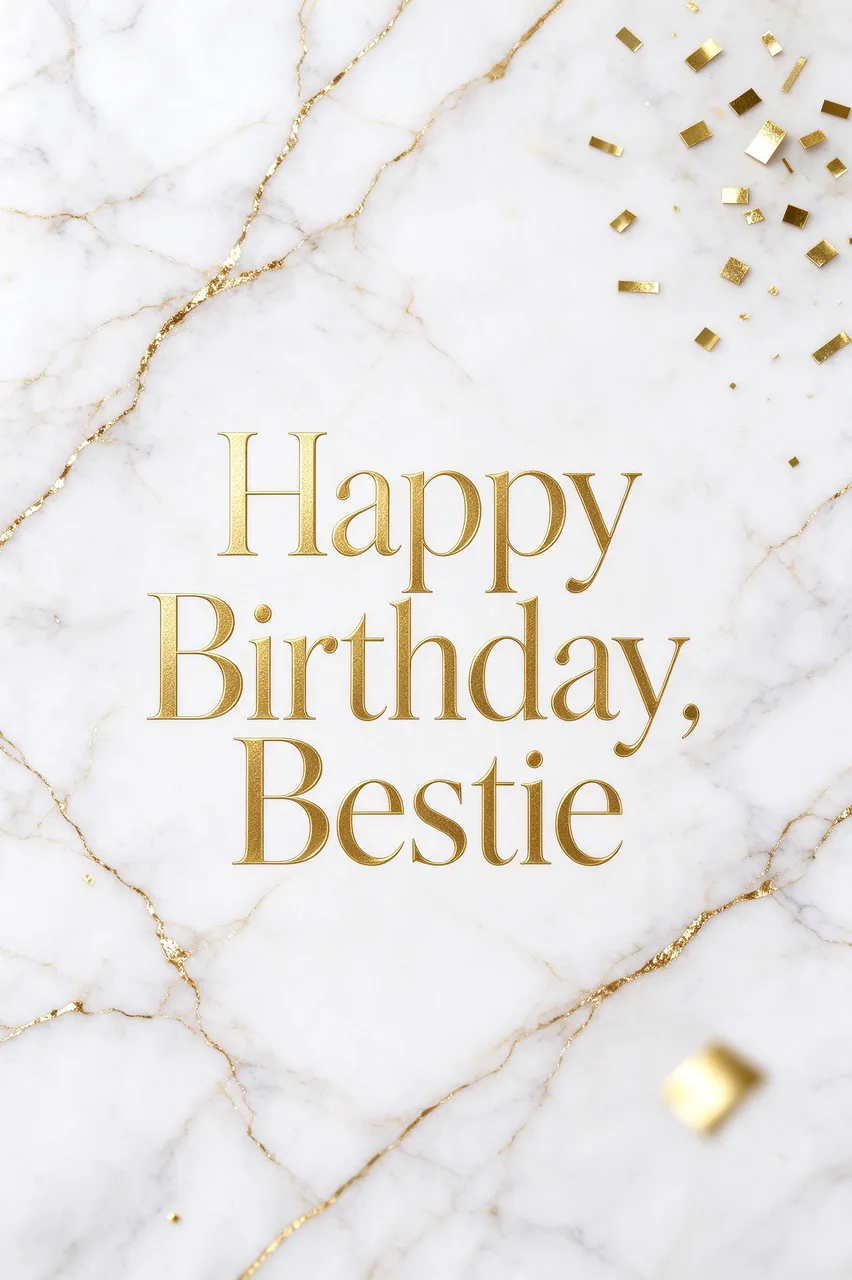"Happy Birthday, Bestie" in elegant gold serif type centered on a white marble background with thin gold veins and scattered
