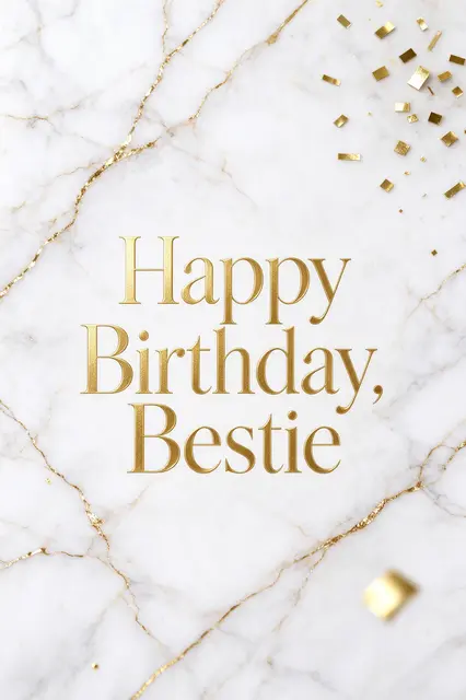 "Happy Birthday, Bestie" in elegant gold serif type centered on a white marble background with thin gold veins and scattered