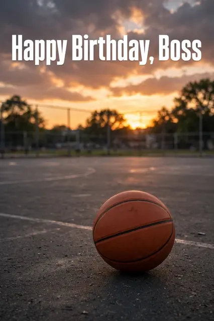 "Happy Birthday, Boss" white text over a basketball resting on an outdoor court at warm sunset