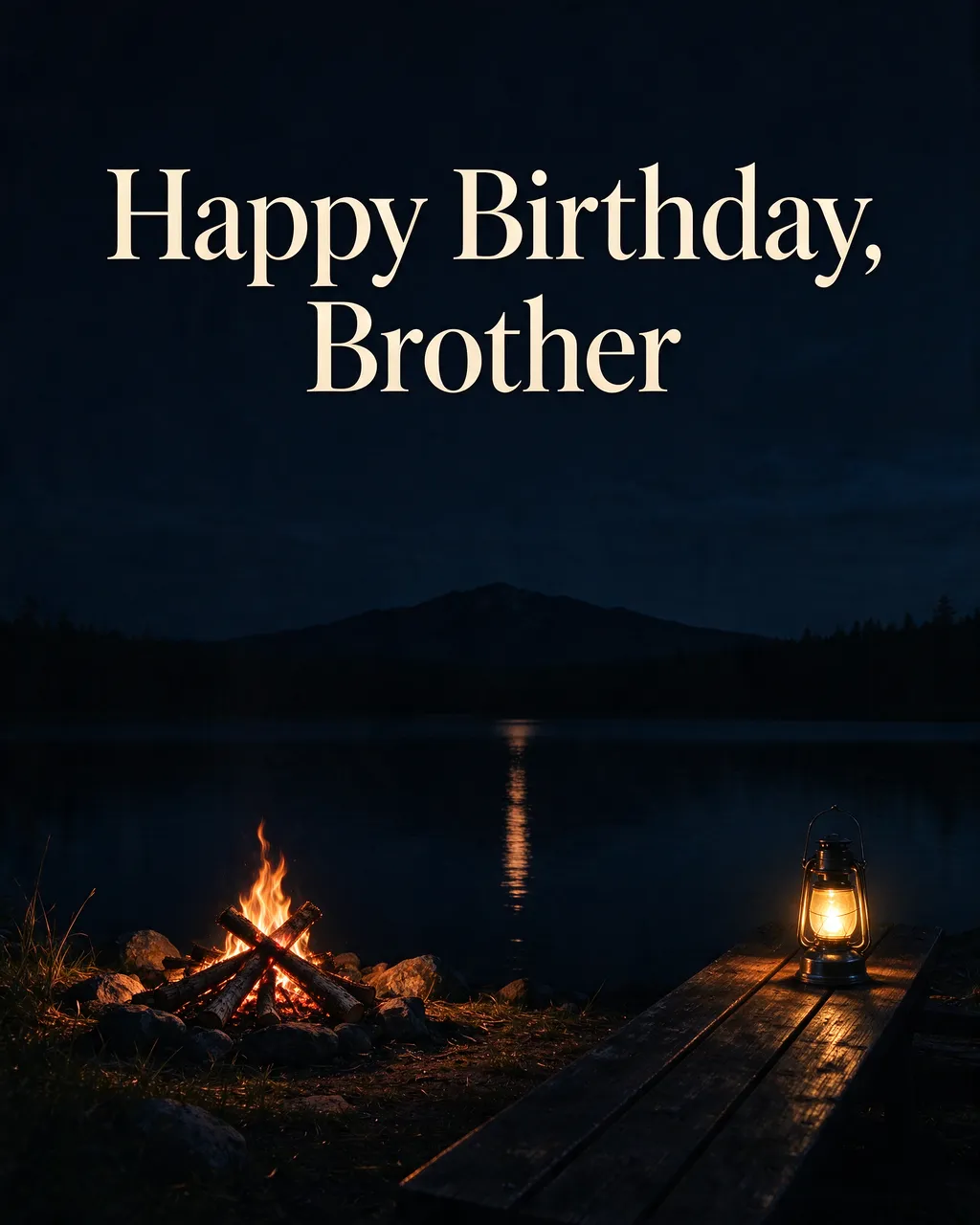 "Happy Birthday, Brother" in warm serif type over a glowing lakeside campfire at night
