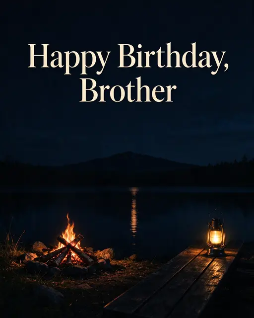 "Happy Birthday, Brother" in warm serif type over a glowing lakeside campfire at night