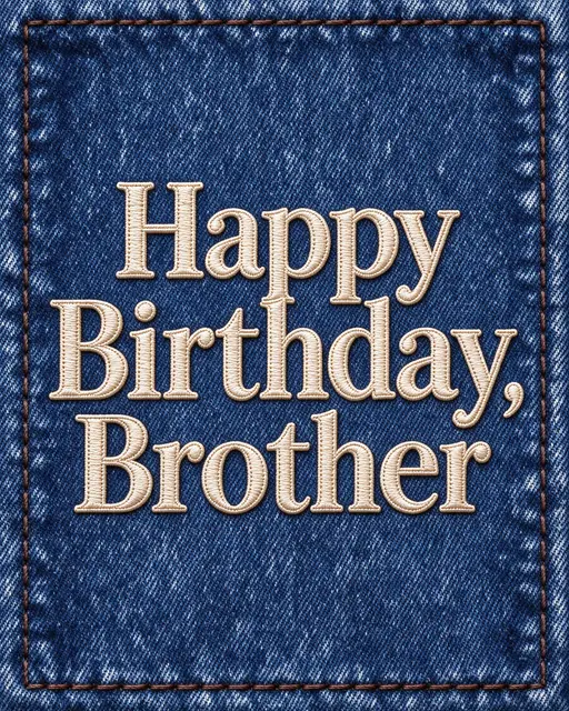 "Happy Birthday, Brother" embroidered in cream slab serif text on dark denim with a stitched border
