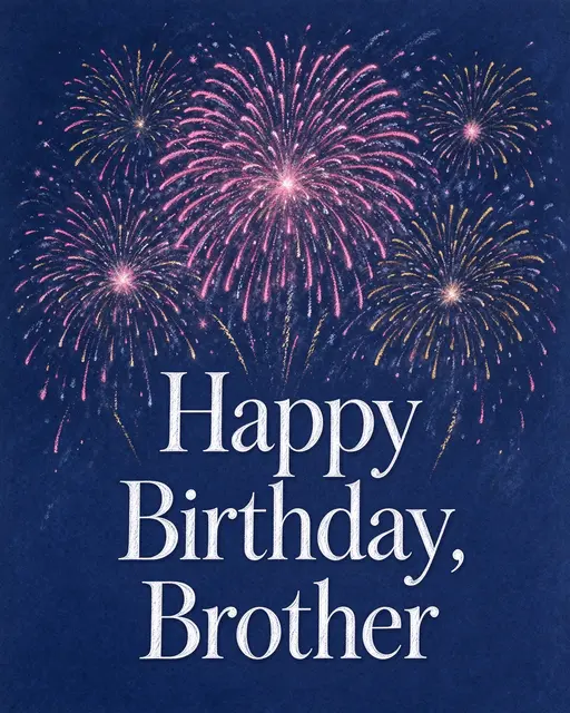 "Happy Birthday, Brother" white text centered below pink and gold chalk pastel fireworks on a navy night sky