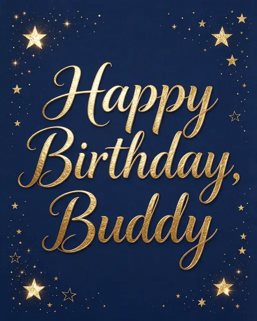"Happy Birthday, Buddy" in textured gold script centered on a navy blue background framed by scattered gold foil stars