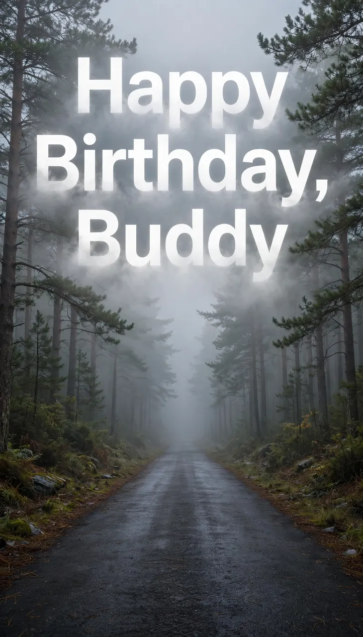 "Happy Birthday, Buddy" in large white capitals over a foggy pine forest road for a masculine birthday wallpaper