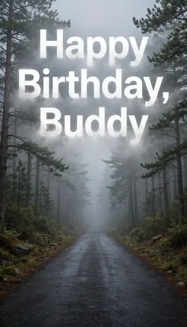 "Happy Birthday, Buddy" in large white capitals over a foggy pine forest road for a masculine birthday wallpaper