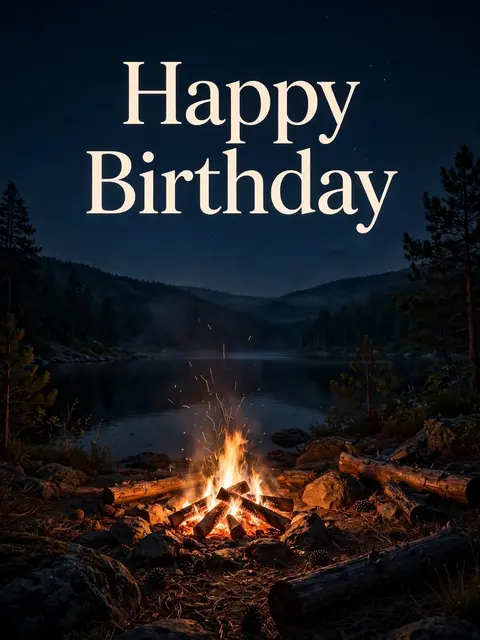 "Happy Birthday" text over a glowing campfire on the shore of a calm lake at dark night