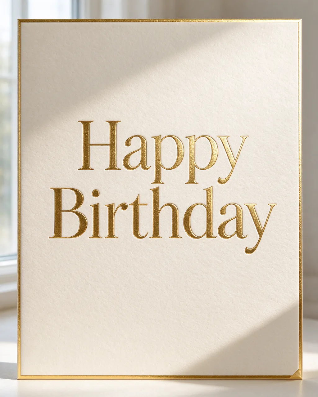 Gold foil 'Happy Birthday' lettering on cream card stock with a thin gold border, lit by soft window light.