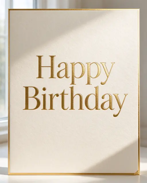 Gold foil 'Happy Birthday' lettering on cream card stock with a thin gold border, lit by soft window light.
